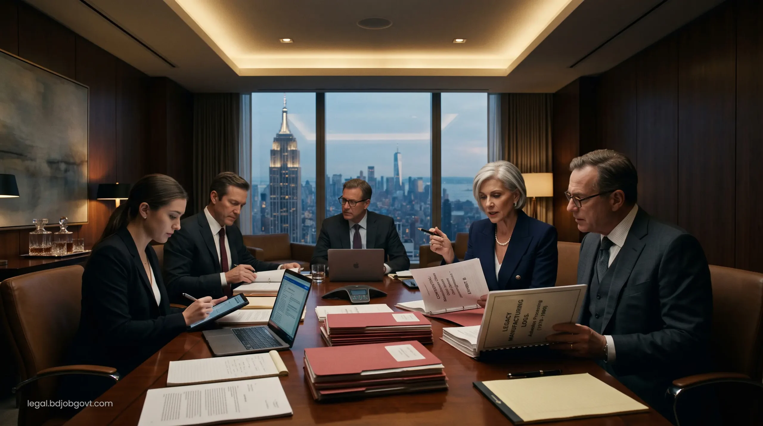 Top-tier corporate attorneys reviewing highly confidential mesothelioma settlement documents and legacy manufacturing logs in a sleek New York boardroom.