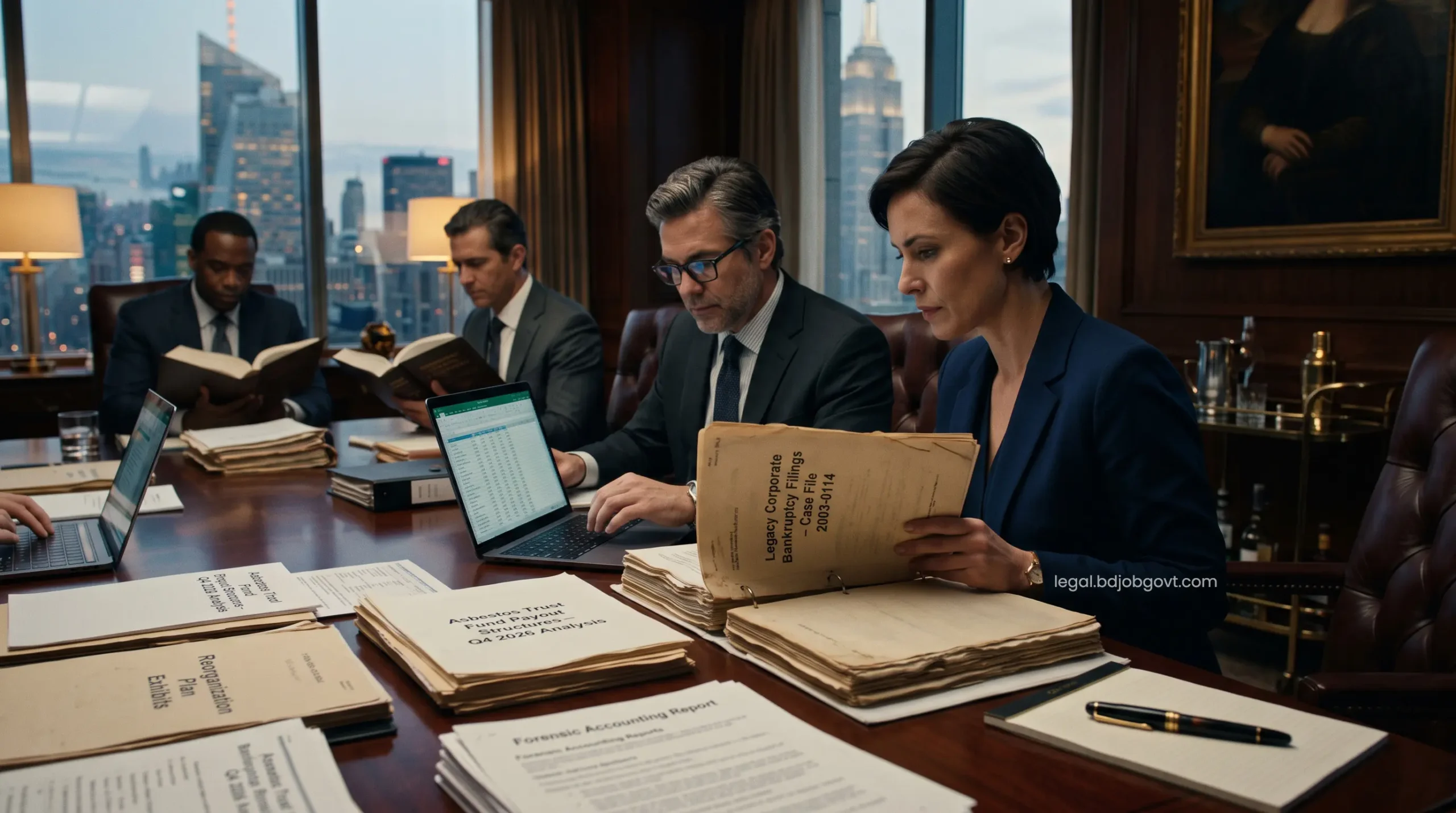 Financial auditors examining legacy corporate bankruptcy documents and asbestos trust fund payout structures.