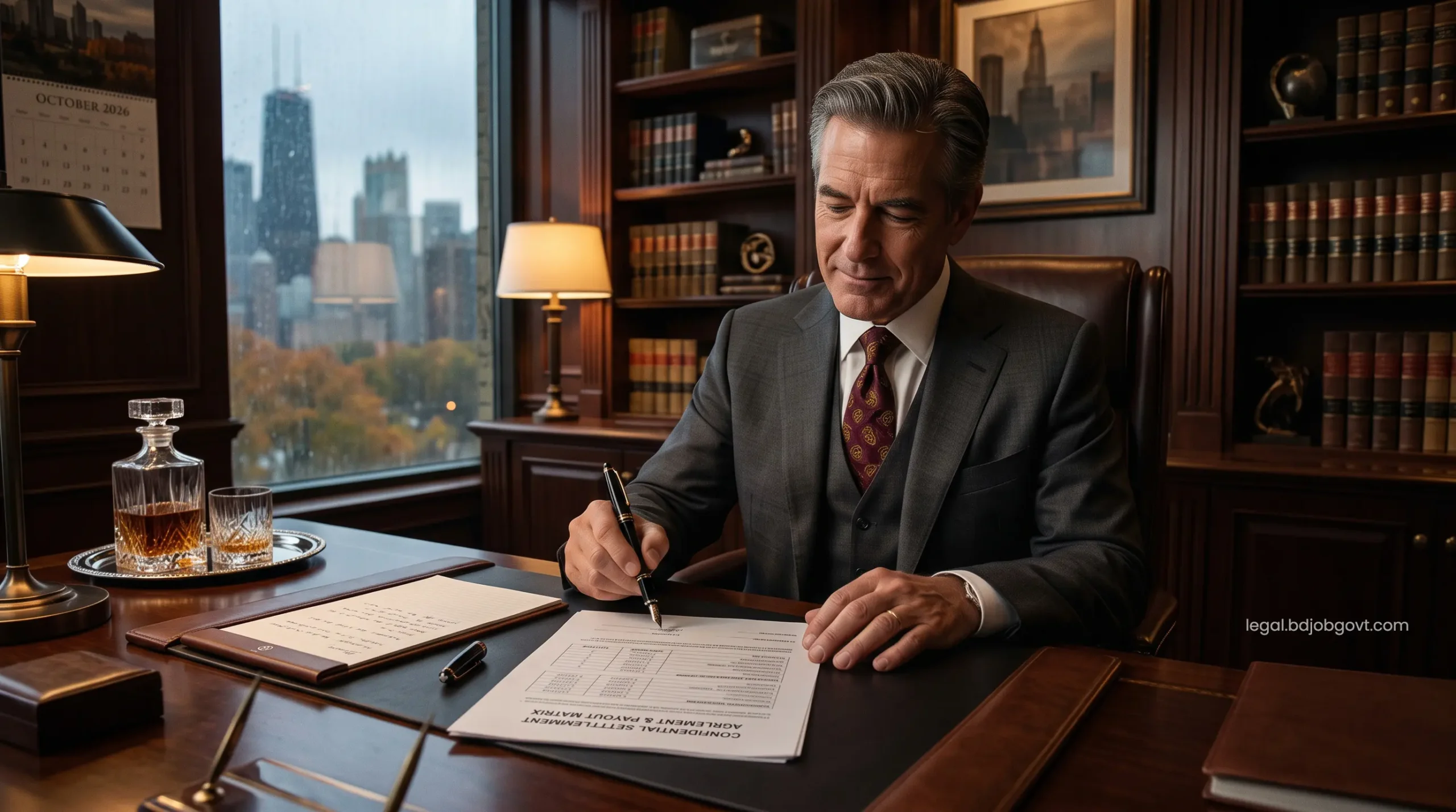 Lead commercial truck accident lawyer finalizing a multi-million-dollar corporate settlement payout matrix in a luxury office.