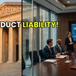 Imposing US federal courtroom blended with an executive corporate boardroom showing product liability litigation matrices on digital screens.