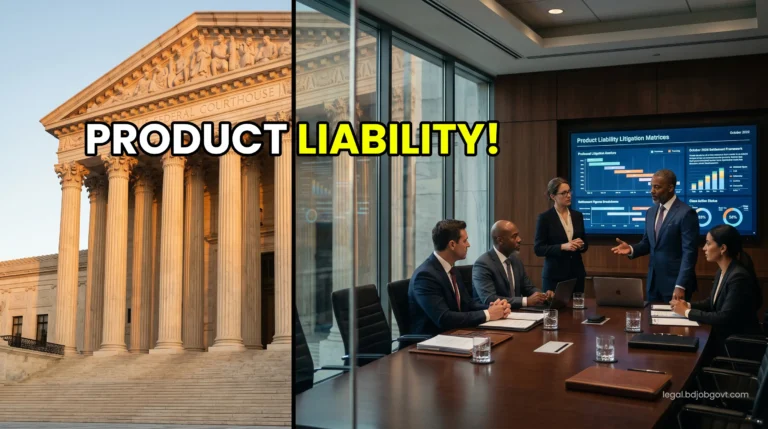 Imposing US federal courtroom blended with an executive corporate boardroom showing product liability litigation matrices on digital screens.