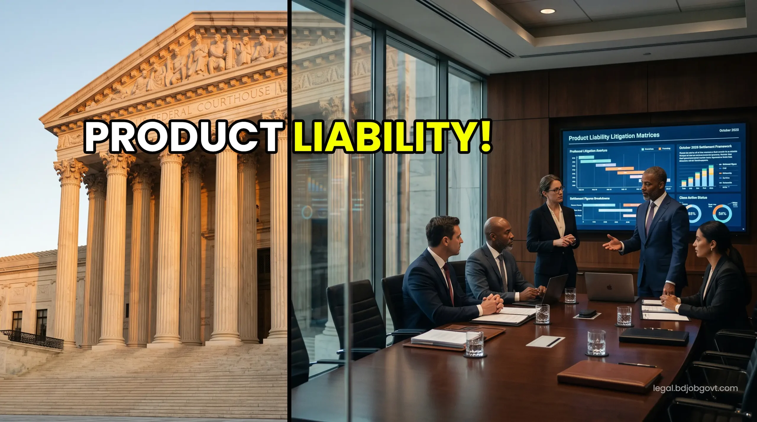 Imposing US federal courtroom blended with an executive corporate boardroom showing product liability litigation matrices on digital screens.