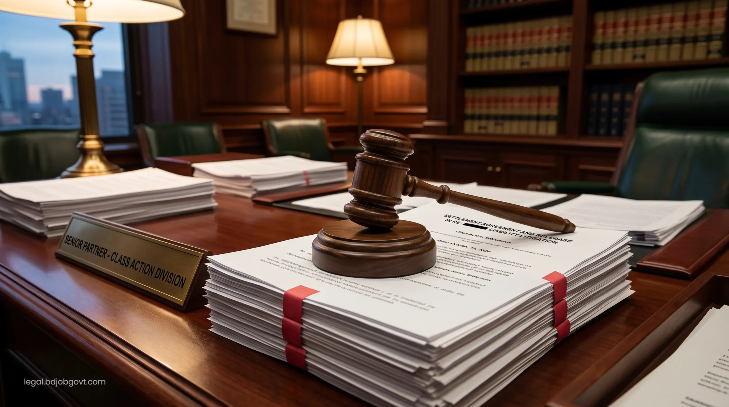 Gavel resting on thick stacks of class action product liability settlement agreements in a premium law office.