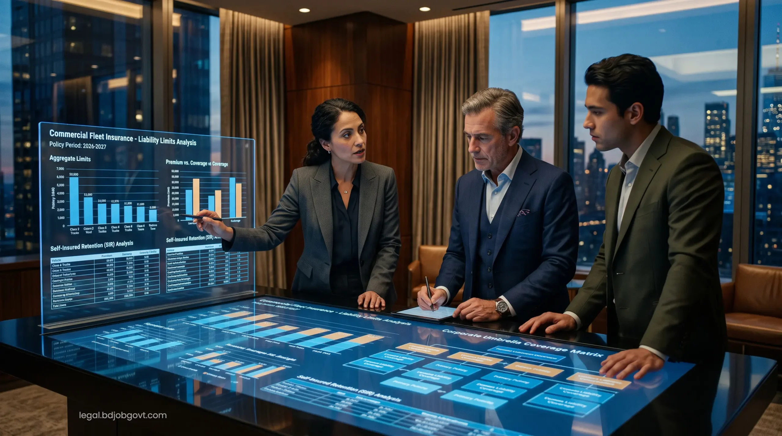 Financial experts analyzing commercial fleet insurance policy limits and corporate umbrella coverage matrices on digital screens.