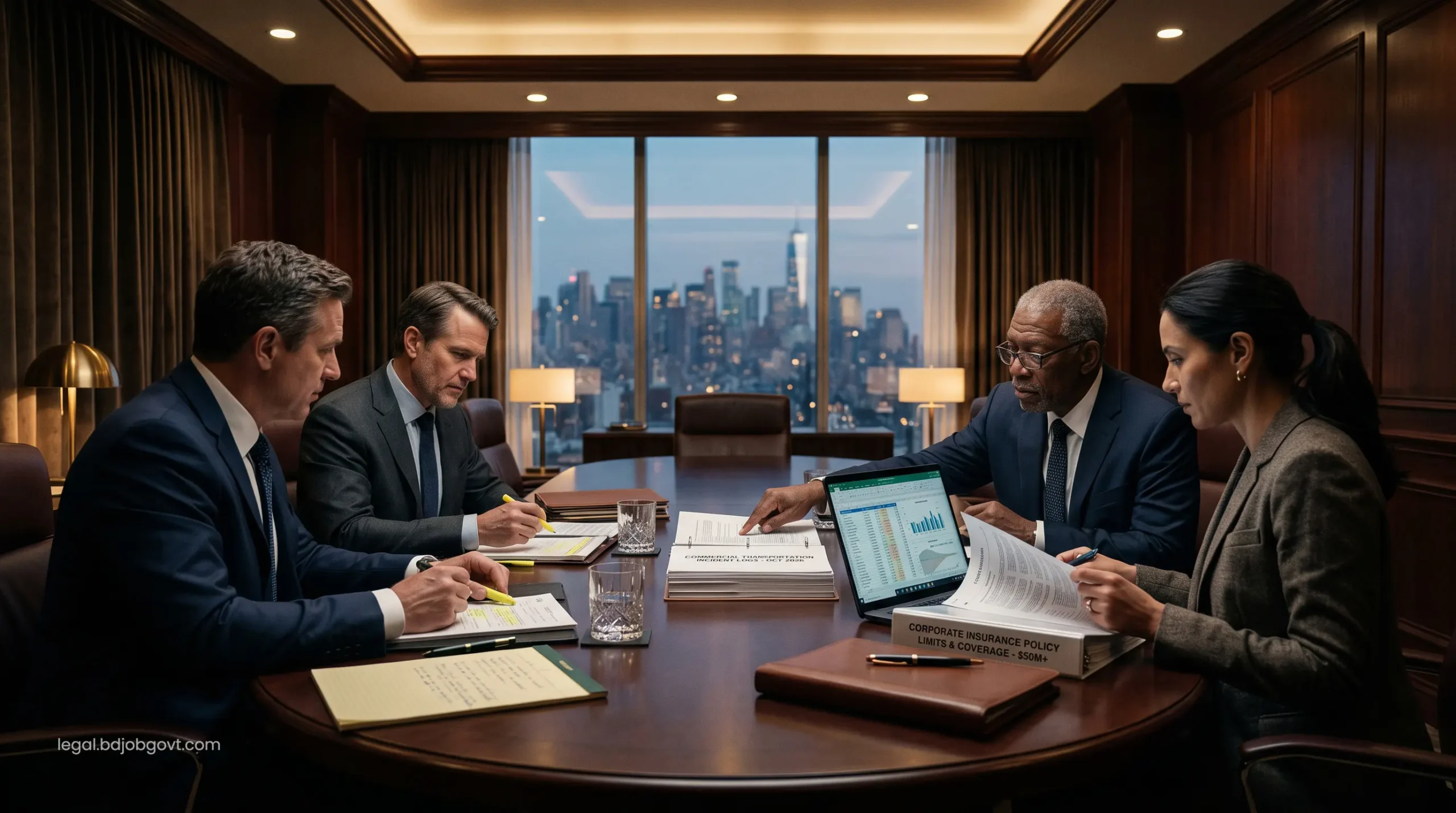 Legal professionals analyzing commercial transportation accident logs and corporate insurance policy limits.