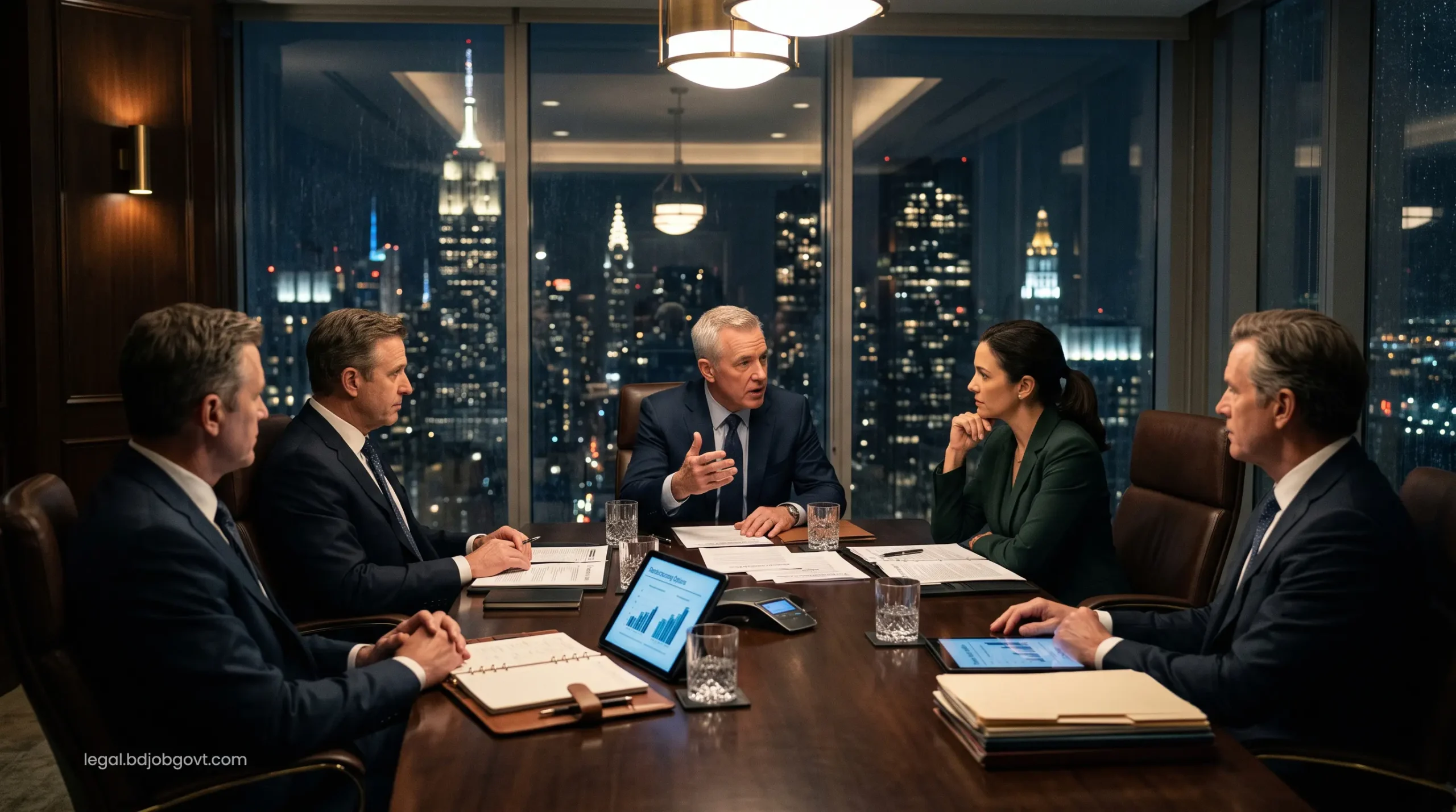 Corporate boardroom illuminated by city lights as executives discuss strategic divestiture and Chapter 11 bankruptcy protections for toxic torts.