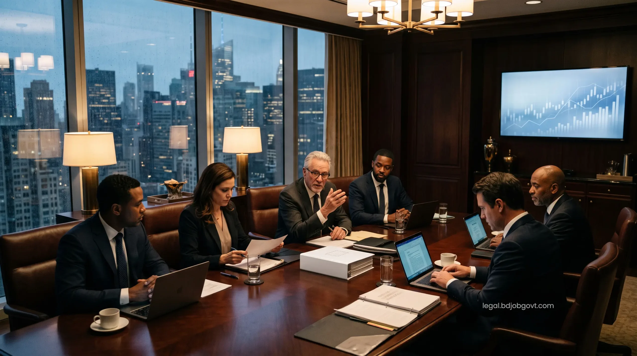 Corporate boardroom illuminated by city lights as executives discuss strategic divestiture and Chapter 11 bankruptcy protections.