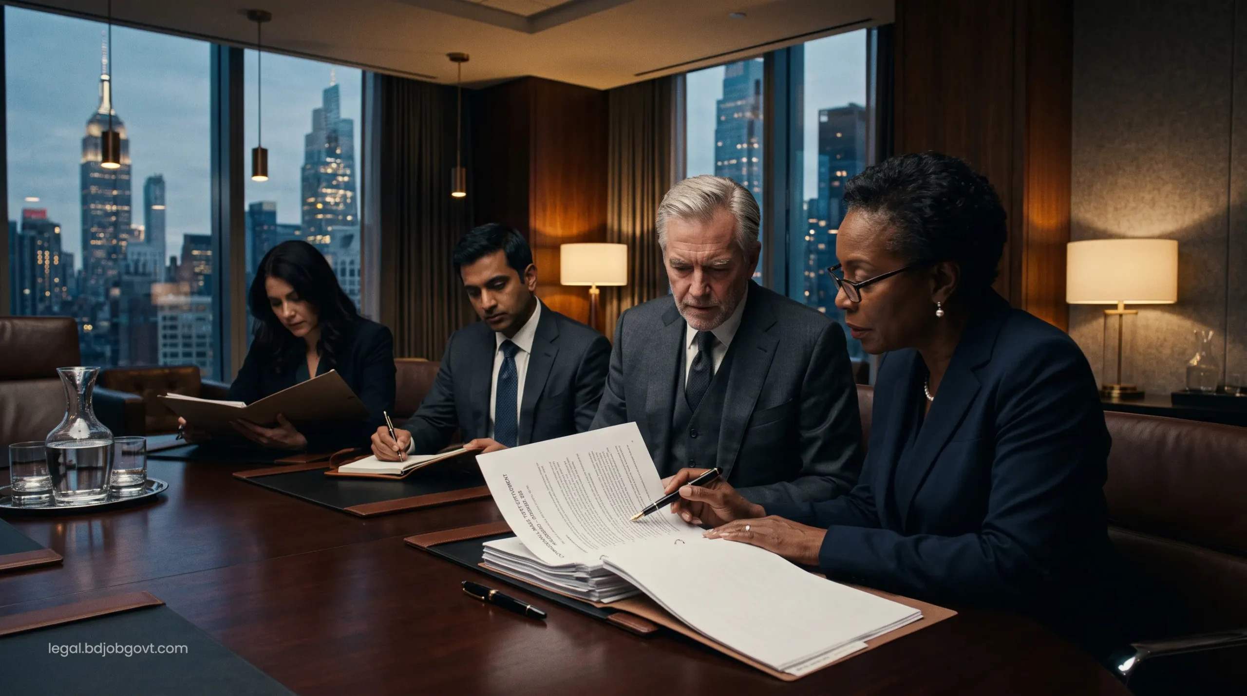 Top-tier corporate attorneys reviewing highly confidential mass tort settlement documents in a sleek New York boardroom.