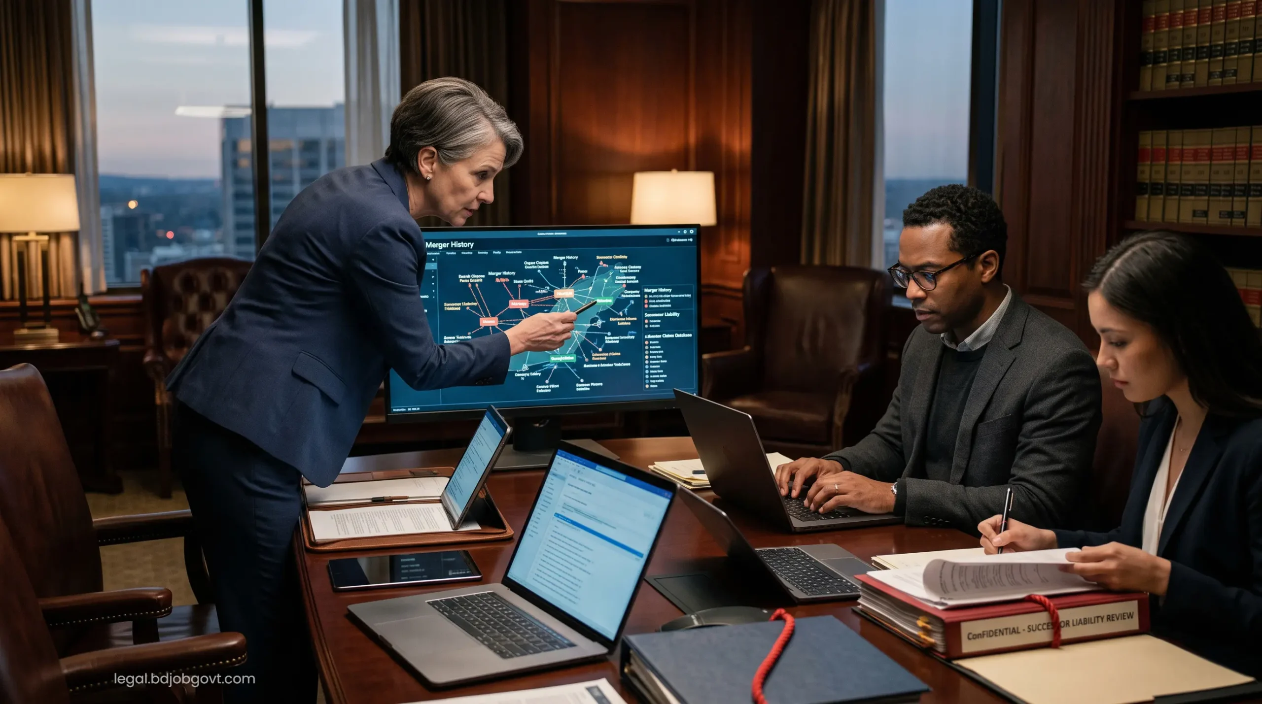 Cybersecurity legal experts navigating complex corporate merger histories and successor liability databases for asbestos litigation.
