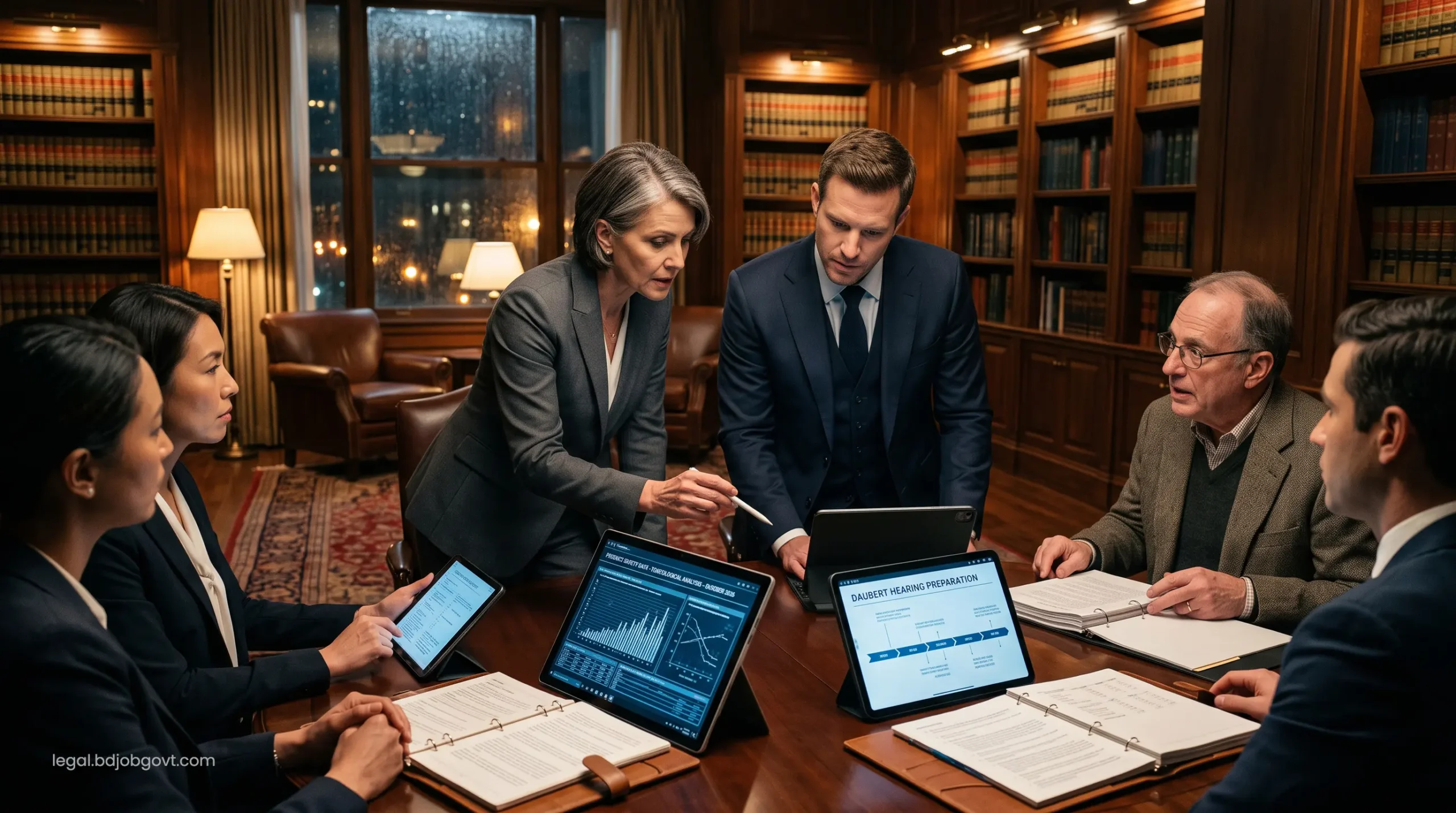 Legal team and scientific expert witnesses preparing for a rigorous Daubert hearing regarding product safety data on digital tablets.