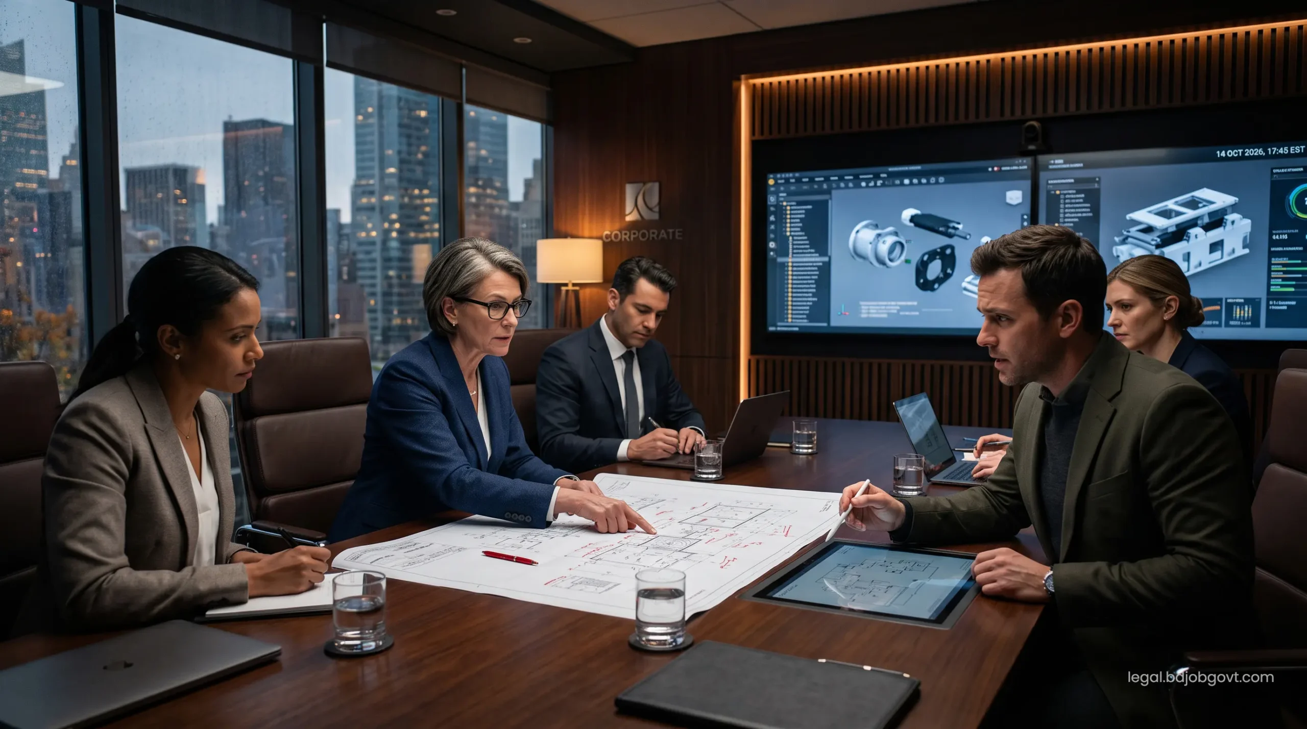 Corporate compliance officers and product engineers analyzing defective manufacturing blueprints in a high-tech corporate legal war room.