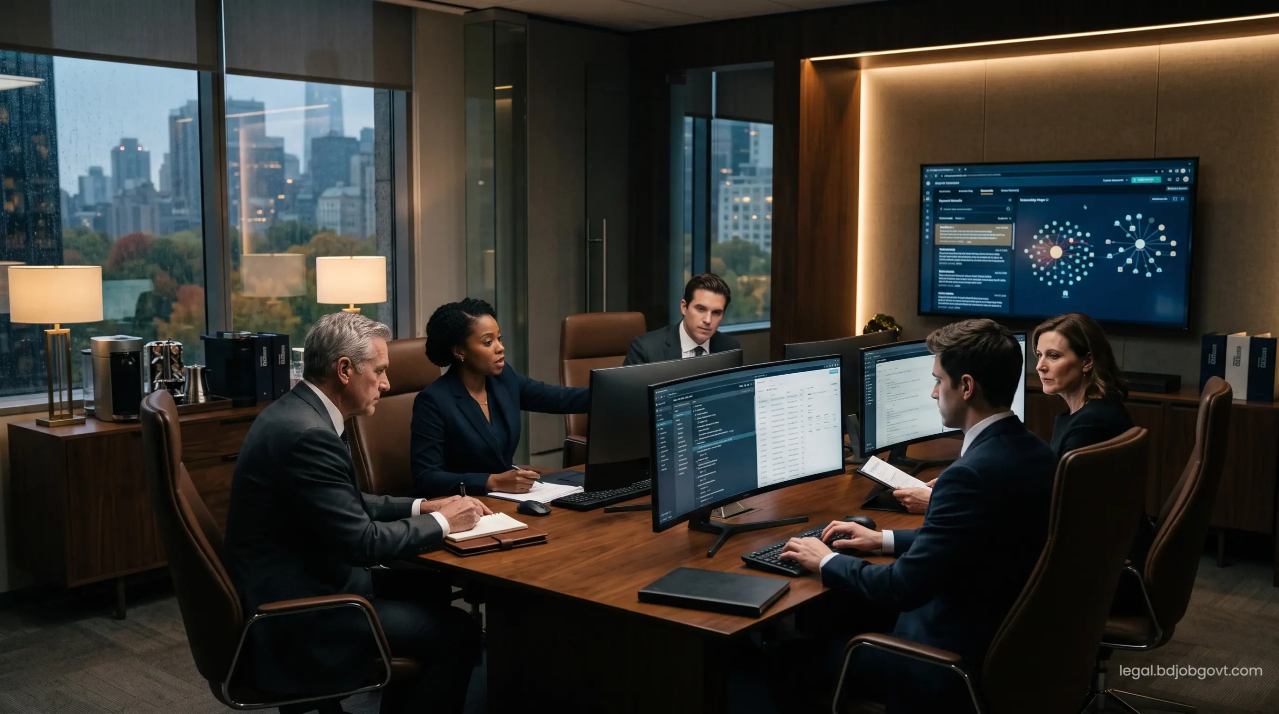 Cybersecurity experts and legal teams navigating complex electronic discovery databases for a mass tort defense.