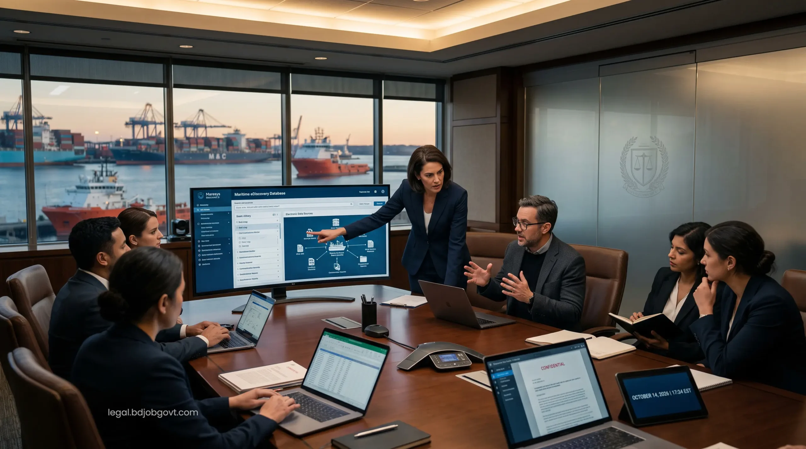 Cybersecurity experts and legal teams navigating complex maritime electronic discovery databases for an offshore negligence defense.