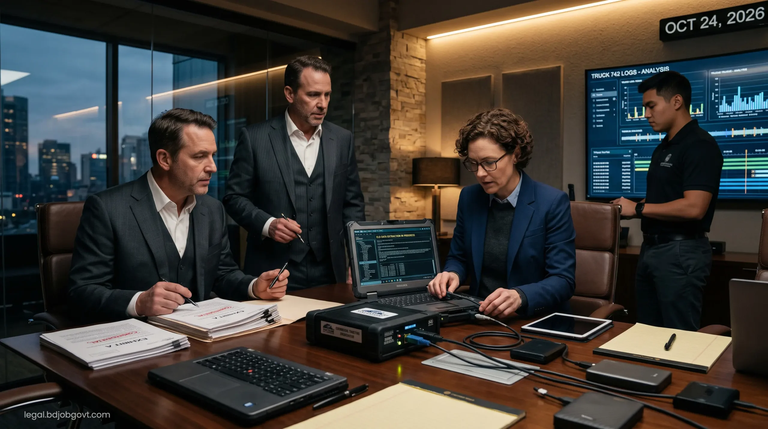 Cybersecurity legal experts extracting commercial truck electronic logging device data for litigation in a high-tech legal war room.