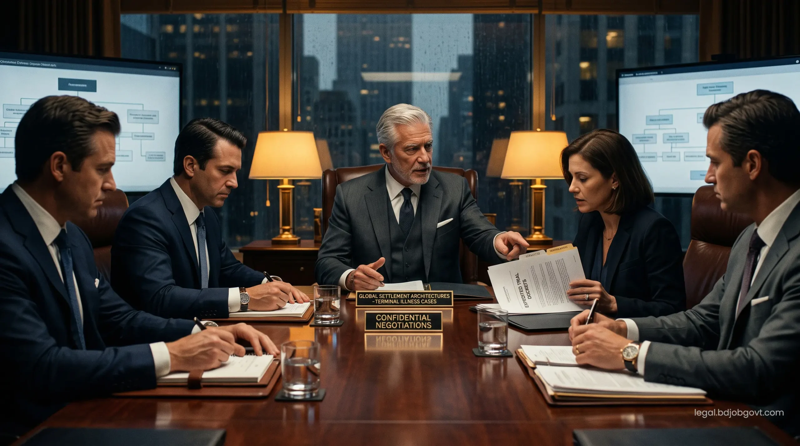 High-net-worth corporate defense lawyers negotiating expedited trial dockets and premium terminal illness global settlement architectures.