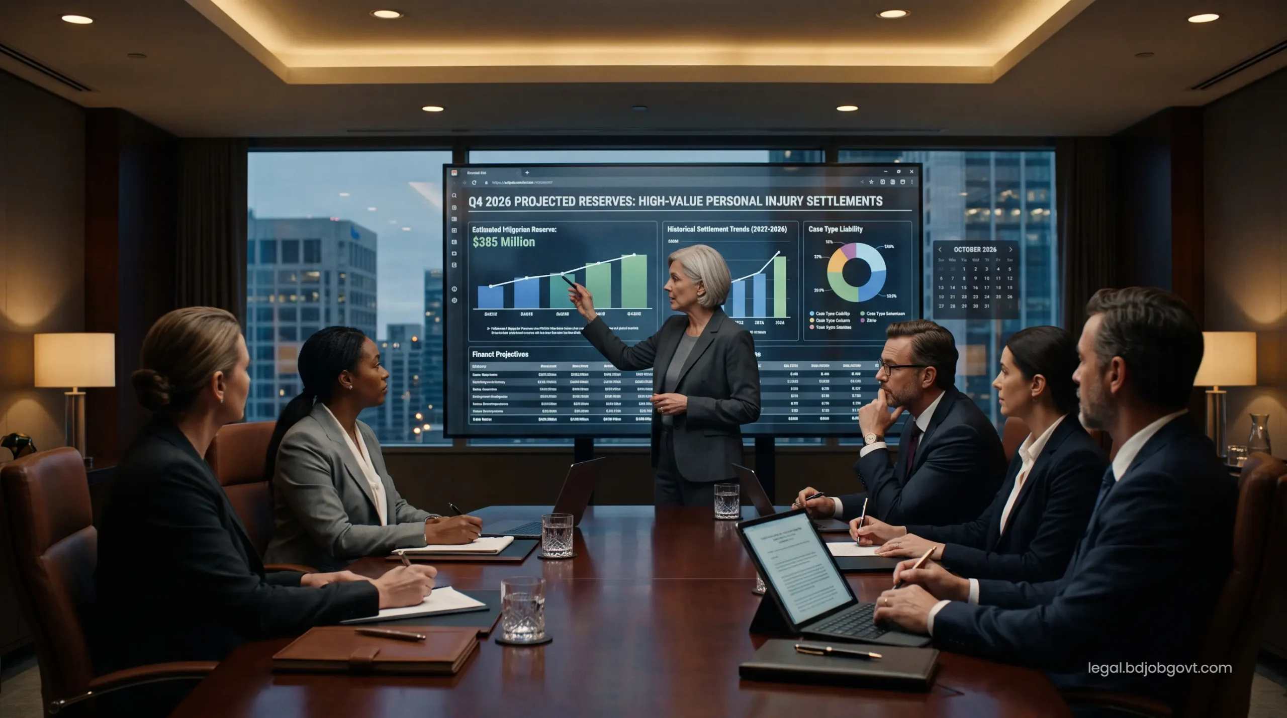 Executive legal team projecting financial reserves for high-value personal injury settlements on a massive digital screen.