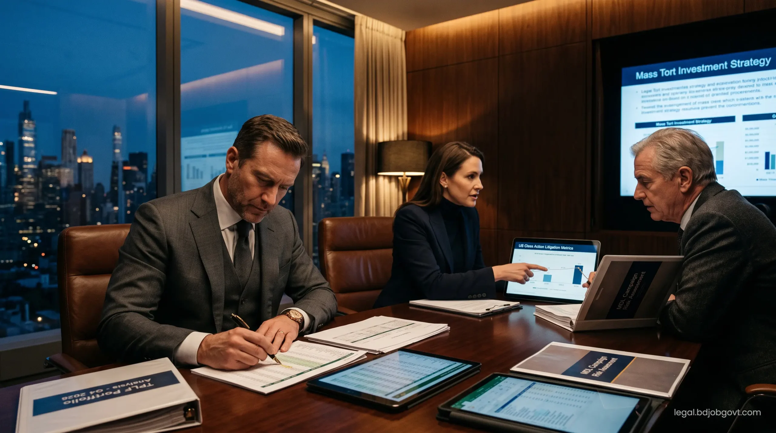 Private equity executives reviewing third-party litigation funding portfolios for massive US legal campaigns.