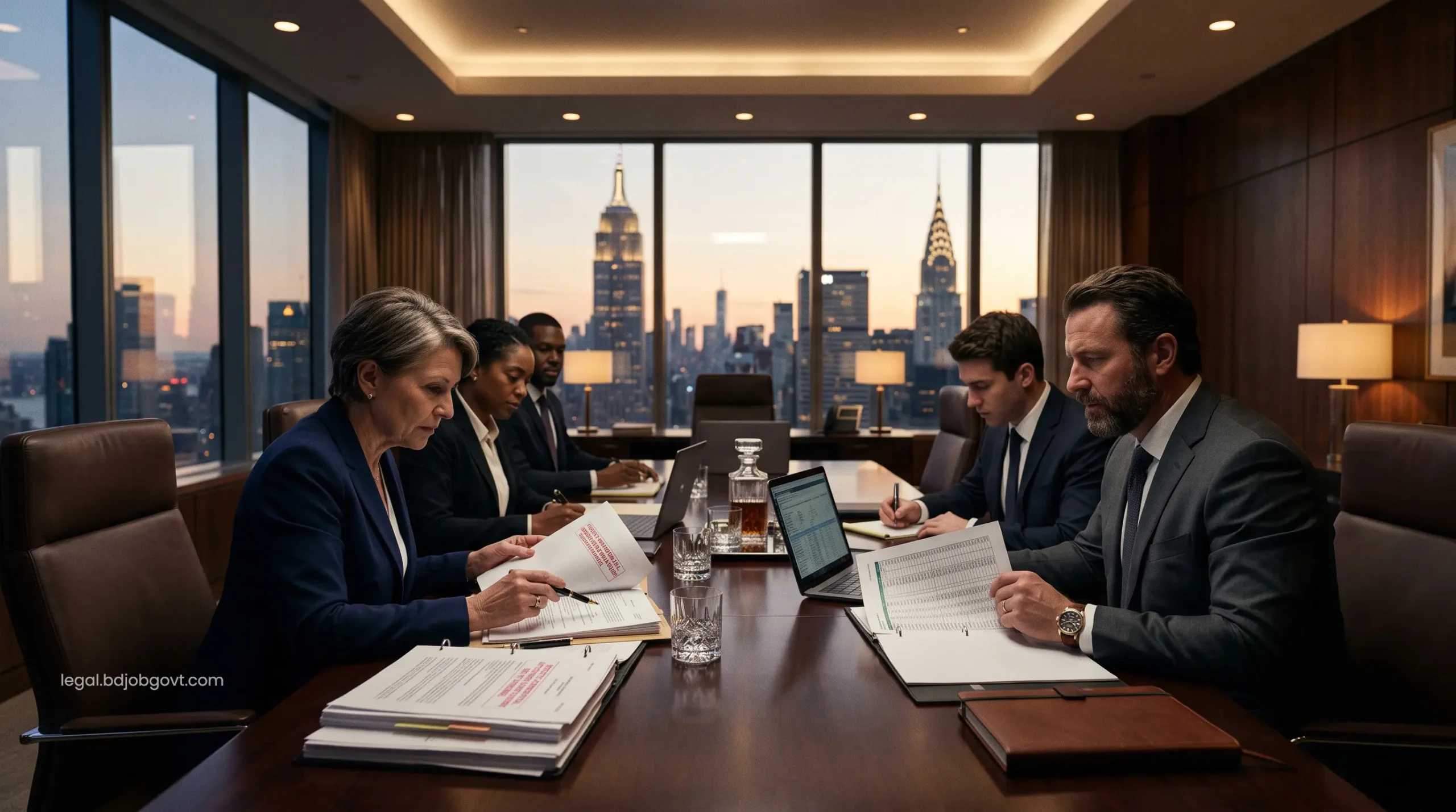 Top-tier maritime attorneys reviewing confidential offshore rig accident settlement documents in a sleek boardroom.