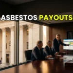 Majestic US federal courthouse seamlessly blended with a modern luxury law firm boardroom displaying asbestos trust fund payout matrices on glowing screens.