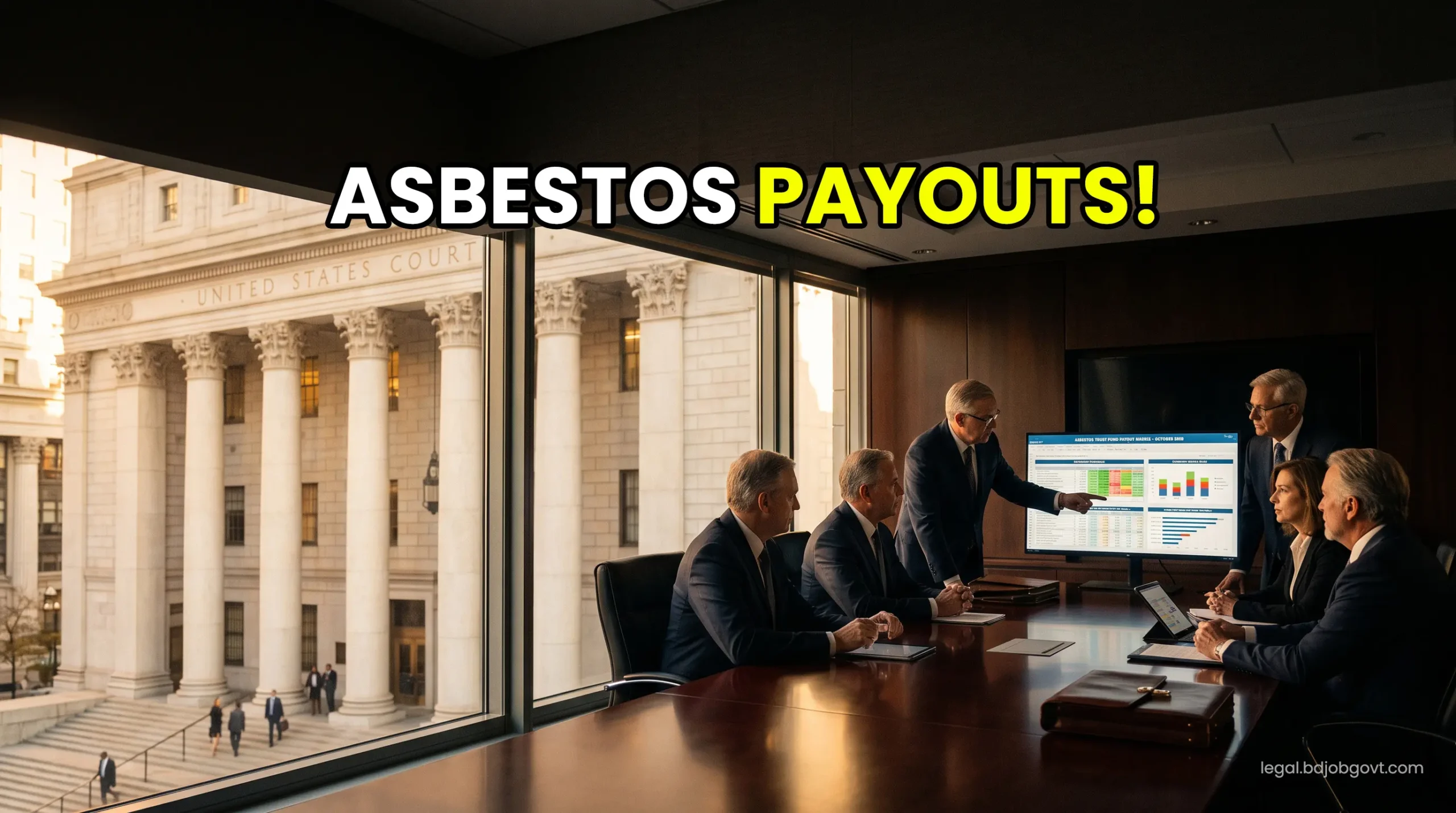 Majestic US federal courthouse seamlessly blended with a modern luxury law firm boardroom displaying asbestos trust fund payout matrices on glowing screens.