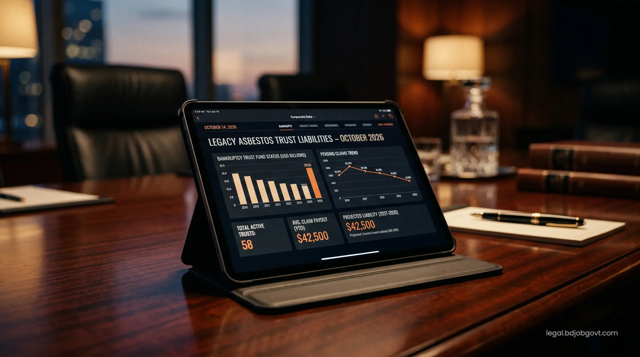 Glowing digital tablet on a mahogany table displaying legacy corporate bankruptcy data and asbestos trust fund liability statistics.
