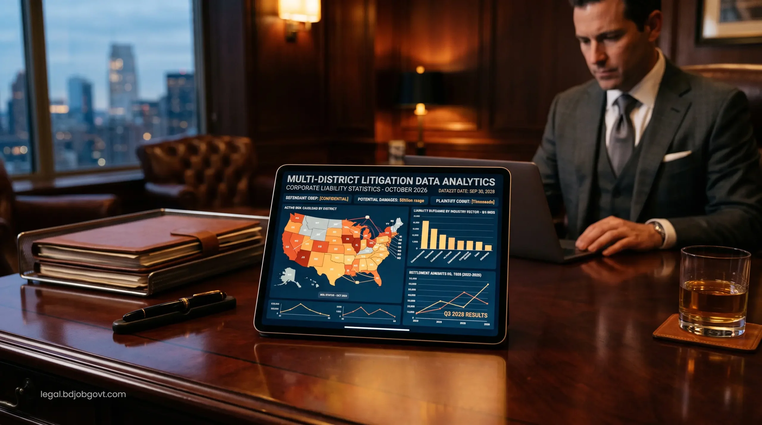 Digital tablet on a mahogany table displaying multi-district litigation data analytics and corporate liability statistics.