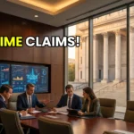 Majestic US federal maritime courthouse blended with a modern luxury law firm boardroom showing offshore rig data on screens.