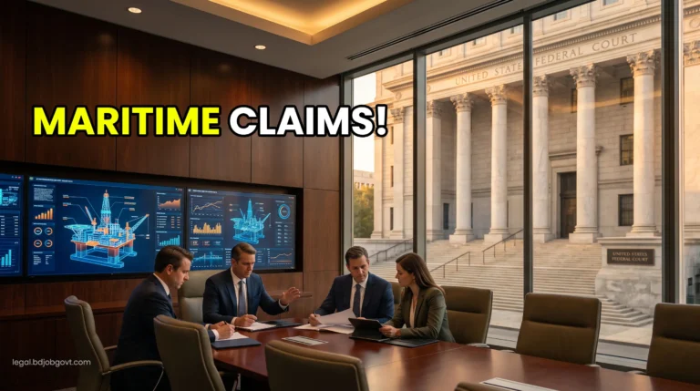 Majestic US federal maritime courthouse blended with a modern luxury law firm boardroom showing offshore rig data on screens.