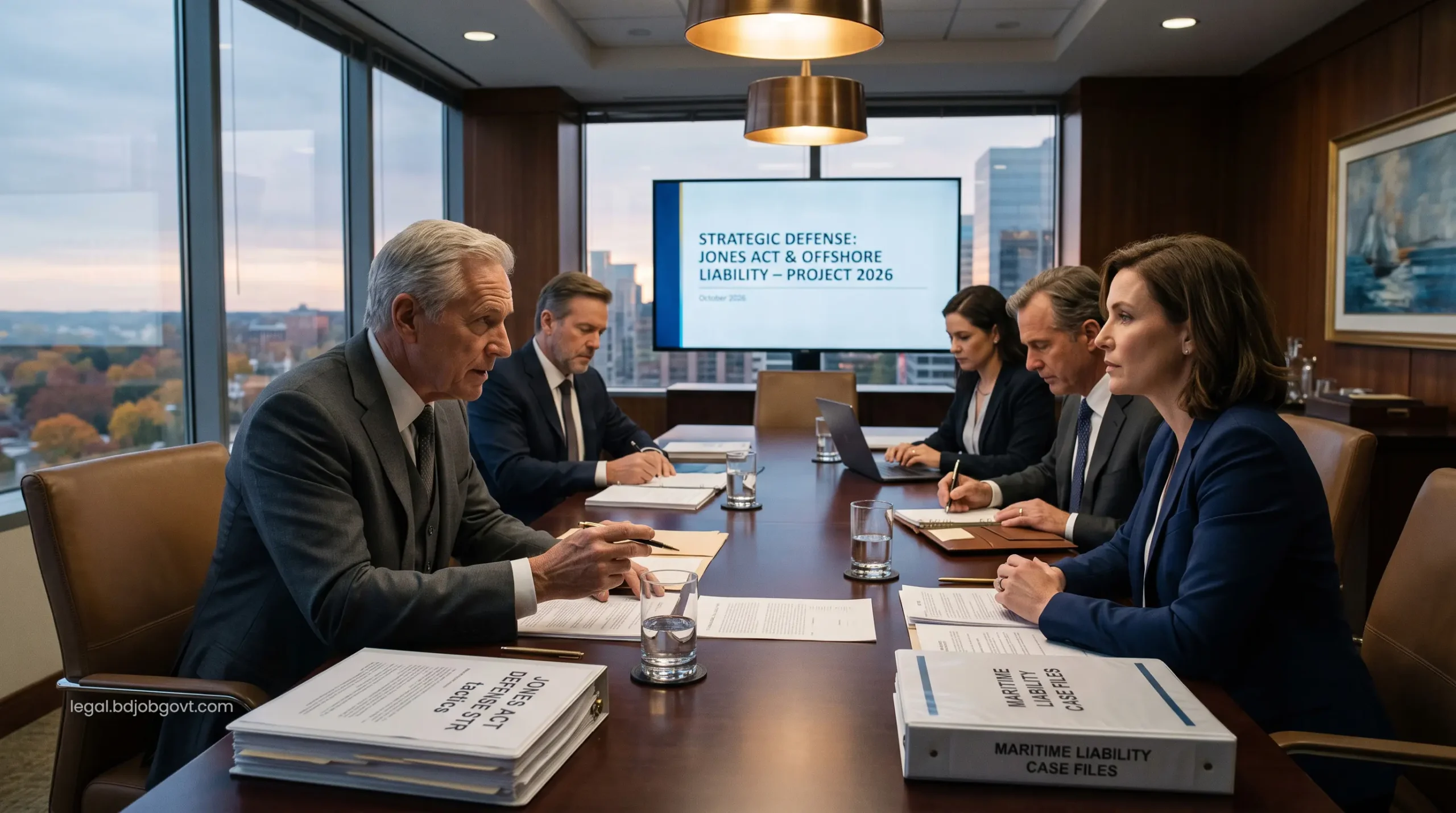 Intense corporate legal strategy meeting discussing offshore maritime accident liabilities and Jones Act defense tactics.