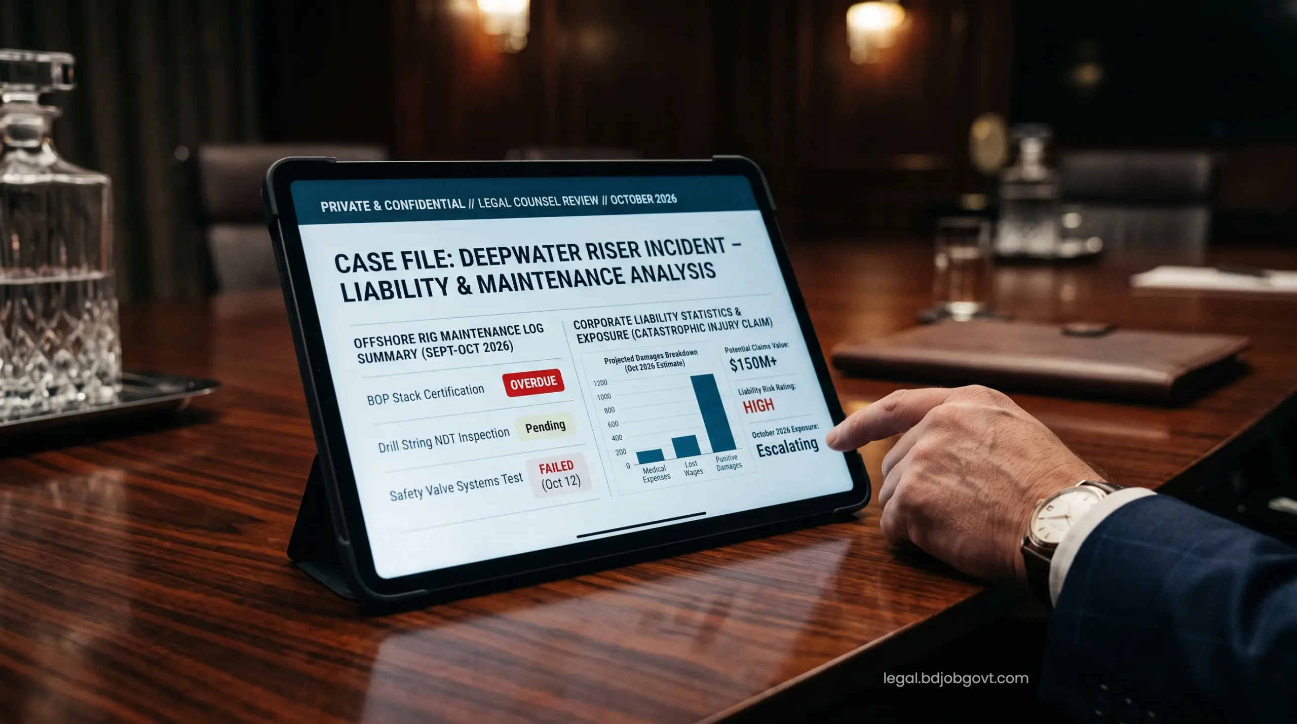 Glowing digital tablet displaying offshore rig maintenance logs and corporate liability statistics for a catastrophic injury claim.