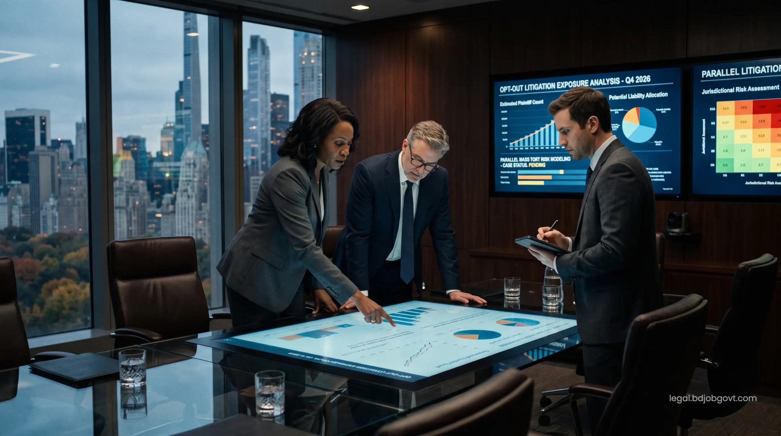 Executive legal council evaluating high-stakes opt-out plaintiff exposure and parallel mass tort risks on digital financial displays.