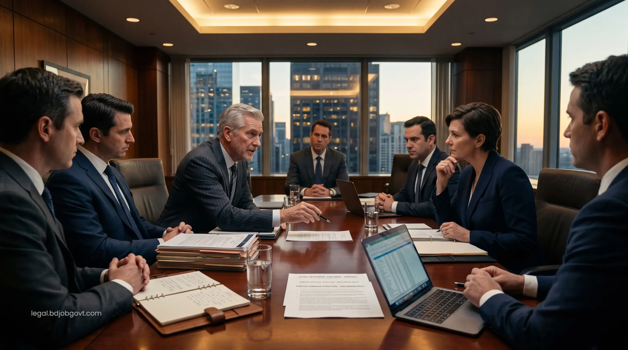 High-net-worth corporate defense lawyers negotiating punitive damages and global settlement architectures.