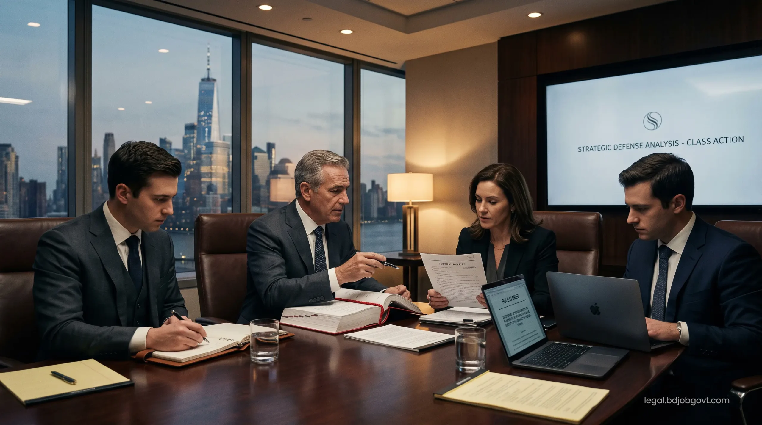 High-profile corporate defense attorneys reviewing Federal Rule 23 class certification briefs in a modern New York boardroom.