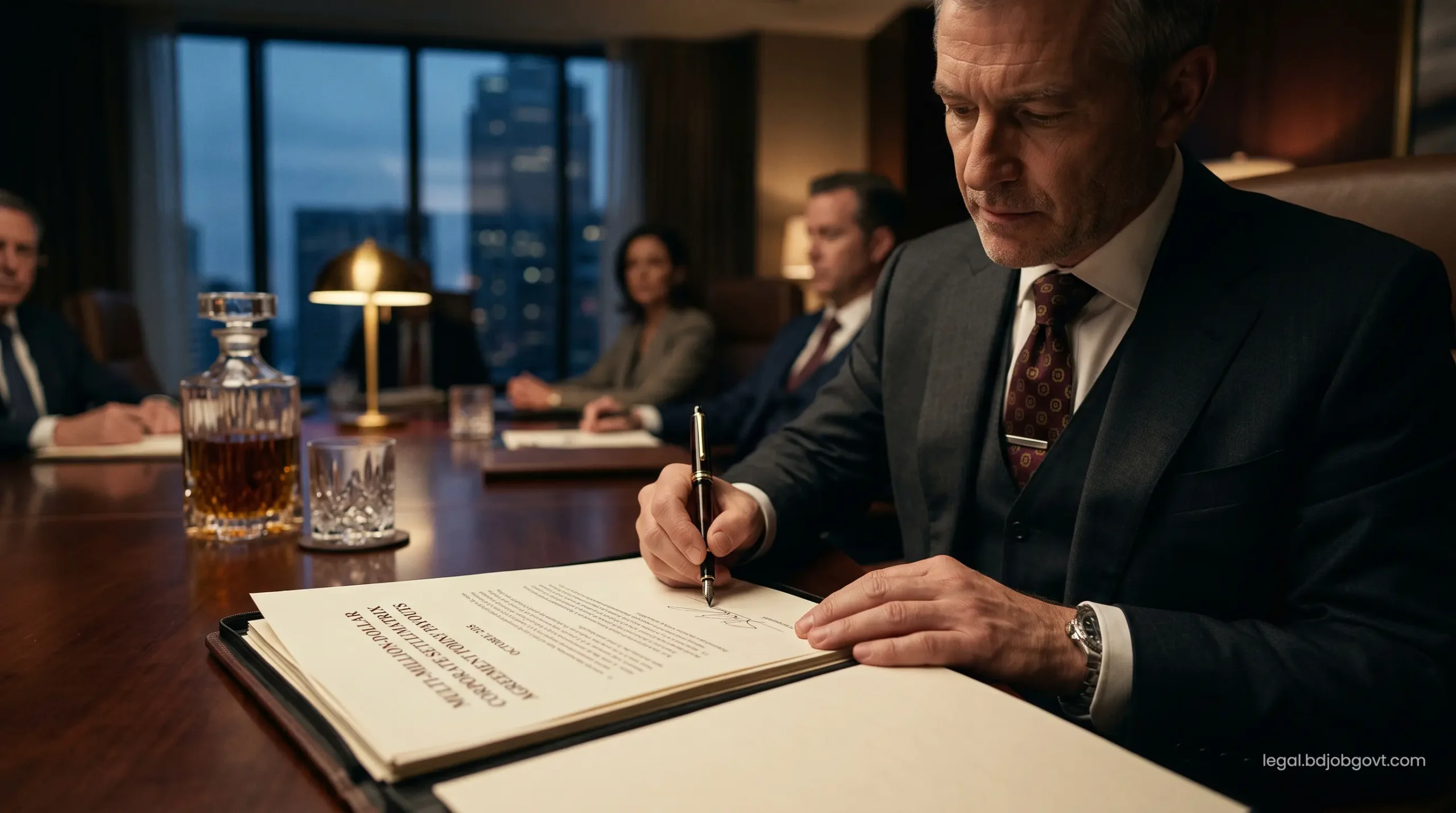 Close-up of a specialized master signing a multi-million-dollar corporate settlement matrix agreement for claimant payouts.