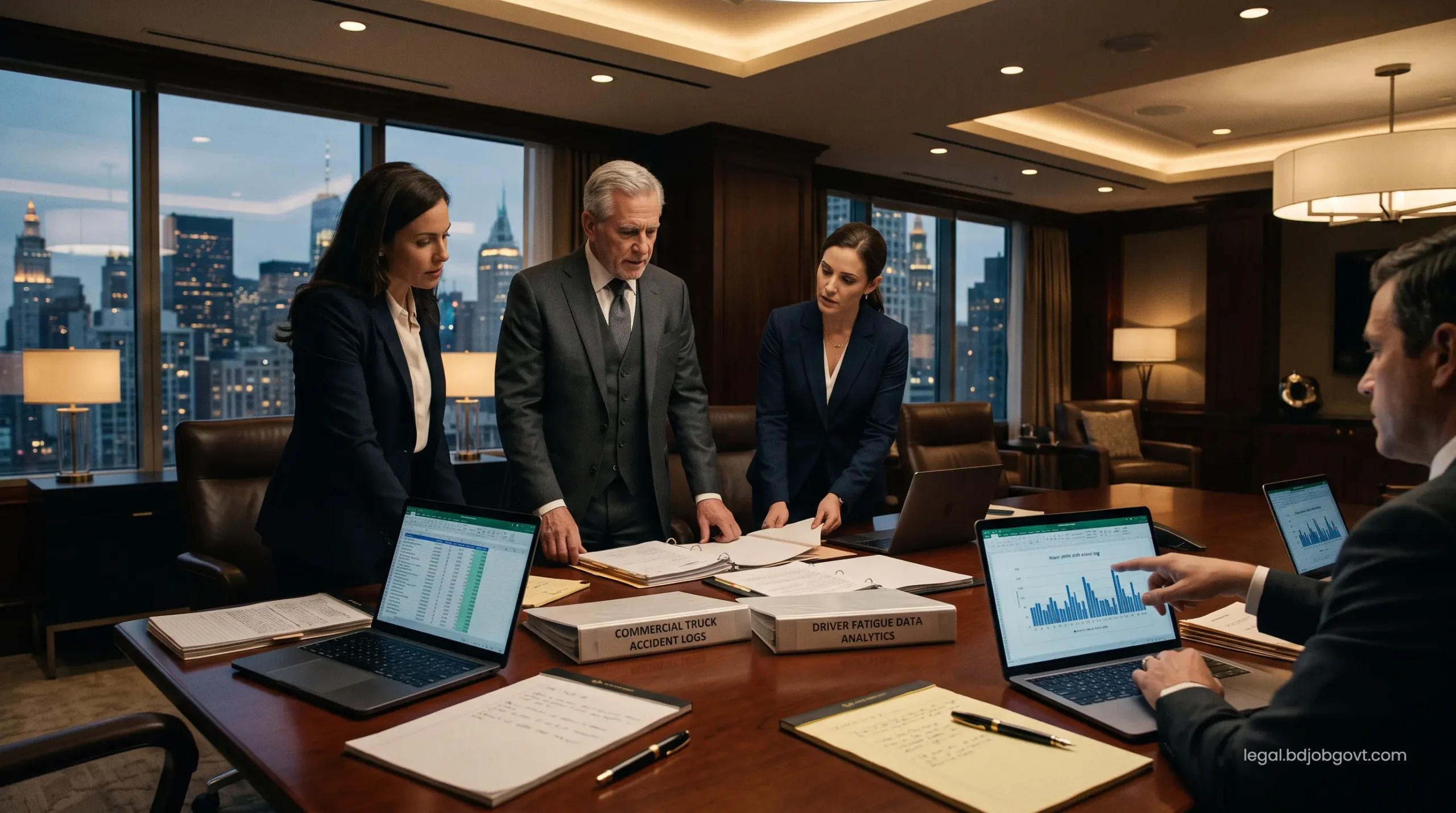 Corporate defense attorneys reviewing commercial truck accident logs and driver fatigue data in a premium boardroom.